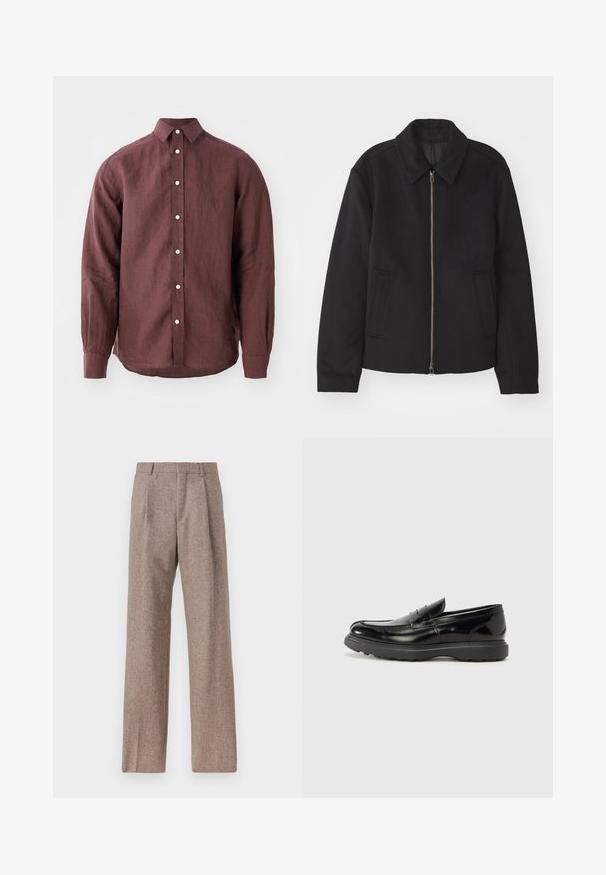 Svart jacka med dragkedjestängning, skräddarsydd design, rund krage och slitsfickor. Tillverkad av ett slätt, strukturerat tyg.; Burgundy långärmad skjorta i texturerad tyg, med klassisk krage, knappstängning fram och knappar i en kontrasterande färg.; Bruna, högmidjade byxor i texturerat tyg. Har vida ben och två framvikningar för struktur. Välavslutad utan synlig hårdvara.; Svart läderloaferskor med en glänsande yta, rund tå, diskreta söm detaljer och en tjock gummisula för hållbarhet.