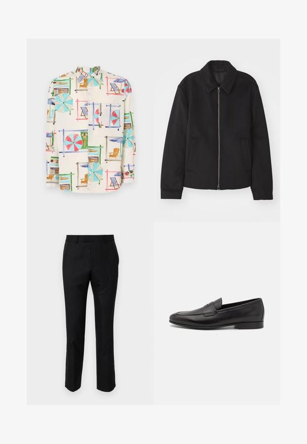 Chaqueta negra con cierre de cremallera, diseño ajustado, cuello redondeado y bolsillos con abertura. Fabricada en un tejido suave y texturizado.; Camisa de botones de manga corta en tela ligera, con un estampado colorido de escena playera que incluye sombrillas, sillas y bañistas.; Pantalones negros ajustados, con un corte slim, que cuentan con bolsillos laterales y una textura suave. Los bordes están terminados con un dobladillo limpio.; Mocasín negro de cuero para hombres con un tacón bajo y un diseño clásico de cinta para monedas, mostrado en perfil lateral sobre un fondo blanco.