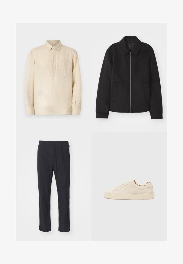Sort jakke med lynlås, skræddersyet design, rund krave og slidser. Fremstillet af et glat, textureret stof.; Beige linned skjorte med lange ærmer, knapkrave, forlommer og en afslappet pasform. Den strukturerede stof giver en subtil visuel interesse.; Sorte plisserede bukser med et tekstureret stof, der har et lige ben-design og en standard talje. Ingen synlige lommer eller beslag.; Beige ruskinds sneaker med lavt design, rund tå, flade snørebånd og en tekstureret gummisål. Minimalistisk stil uden synlige logoer.