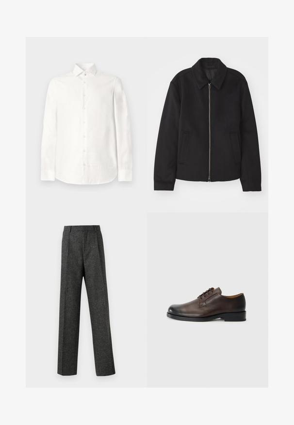 Zwarte jas met ritssluiting, op maat gemaakte ontwerp, ronde kraag en splitzakken. Gemaakt van een gladde, gestructureerde stof.; Witte blouse met lange mouwen van soepele stof. Heeft een gelogen kraag, een sluiting met knopen aan de voorkant en een ronde zoom. Geen zichtbare patronen.; Grijze op maat gemaakte broek van gestructureerde stof, met twee voorplooien en een rechte pijp. Geen zichtbare zakken of versieringen.; Bruine leren schoen met een ronde neus, lage hak, vetersluiting en een gladde textuur. Heeft minimale stiksels en een gepolijste afwerking.