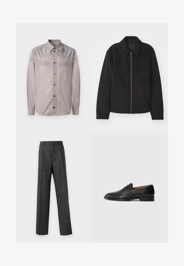 Must mustriga, mis on varustatud lukuga, kohandatud disaini, ümarate kaeluste ja lõhesalongidega taskudega. Valmistatud siledast, tekstuurilisest kangast.; Ribadeelne nupp-paita heledates värvides, klassikalise krae, kahe rinna tasku ja pikkade varrukatega. Sujuv tekstuur vähese läikega.; Hallidehased hallid püksid tekstureeritud kangast, millel on kaks eesmist voldi ja sirge sääre disain. Pole nähtavaid taskuid ega kaunistusi.; Must musta loafers ümarate varvastega, peene tikandiga ja madala kontsaga, millel on sile tekstuur ja minimalistlik disain.