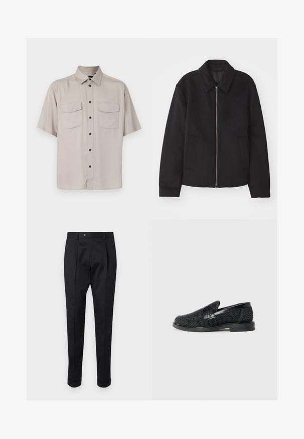 Svart jacka med dragkedjestängning, skräddarsydd design, rund krage och slitsfickor. Tillverkad av ett slätt, strukturerat tyg.; Kortärmad, ljusbeige skjorta med knappar och krage, två fackfickor, samt svarta knappar framtill. Slät, icke-strukturerad tyg.; Svarta byxor i ett glatt tyg, med en veck fram, knappstängning och uppvikta nederkant vid anklarna.; Svart vävd slip-on sko med en slät läderdetalj på ovansidan, med rund tådesign och en låg gummisula.