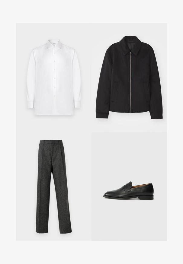 Zwarte jas met ritssluiting, op maat gemaakte ontwerp, ronde kraag en splitzakken. Gemaakt van een gladde, gestructureerde stof.; Witte langarm knoopshirt gemaakt van soepele stof, met een standaardkraag en een rij parelachtige knopen aan de voorkant.; Grijze op maat gemaakte broek van gestructureerde stof, met twee voorplooien en een rechte pijp. Geen zichtbare zakken of versieringen.; Zwarte leren instapper met een ronde neus, subtiele stikdetails en een lage hak, met een gladde textuur en een minimalistisch ontwerp.