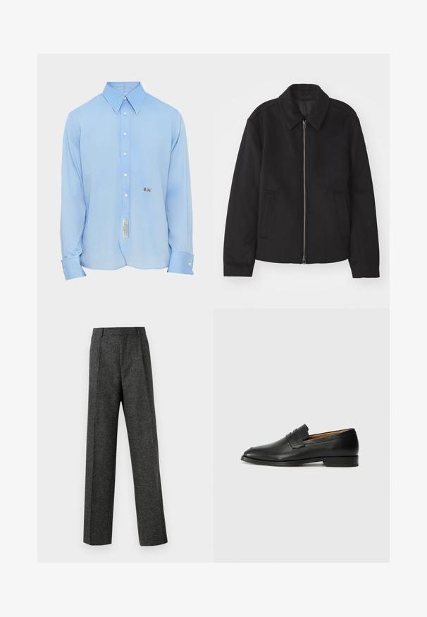 Črna jakna z zadrgo, prilagojena zasnova, okrogla ovratnica in žepi z rezi. Narejena iz gladke, teksturirane tkanine.; Svetlo modra dolg rokav s širokim ovratnikom, gumbasto spredaj in izšitimi inicialkami "B.M." na levi strani. Oznake so vidne na dnu.; Sive krojene hlače iz teksturirane tkanine, ki imajo dva sprednja nabora in ravno kroj. Brez vidnih žepov ali okrasnih elementov.; Črne usnjene loferice z zaobljenim prstom, subtilnim šivanjem in nizkim petam, ki se odlikujejo po gladki teksturi in minimalističnem oblikovanju.