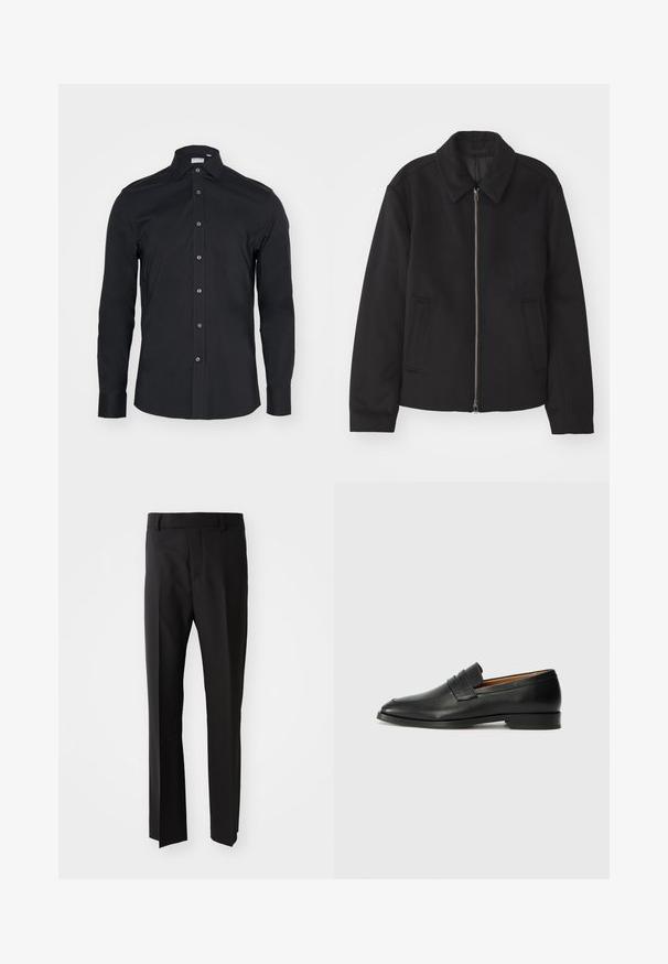 Crna jakna s patentnim zatvaračem, prilagođenog dizajna, zaobljenim kragnom i proreznim džepovima. Izrađena od glatkog, teksturiranog materijala.; Crna košulja dugih rukava s gumbima i klasičnim ovratnikom. Izrađena od glatkog materijala, ima gumbiće sprijeda i zaobljene manžete.; Crne hlače ravnog kroja, izrađene od glatkog materijala, s pojasom s petljama i bočnim džepovima. Bez vidljivih uzoraka ili akcenta.; Crni kožni loafer s okruglim vrhom, suptilnim šavovima i niskim petama, s glatkom teksturom i minimalističkim dizajnom.
