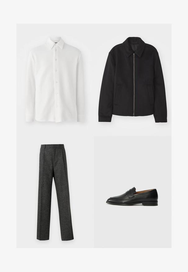 Black jacket with a zip closure, tailored design, a rounded collar, and slit pockets. Made from a smooth, textured fabric.; White button-up shirt made of textured fabric. Features a classic collar, long sleeves, and six front buttons. Soft, lightweight design.; Gray tailored trousers made of textured fabric, featuring two front pleats and a straight-leg design. No visible pockets or embellishments.; Black leather loafer with a rounded toe, subtle stitched detailing, and a low heel, featuring a smooth texture and minimalist design.