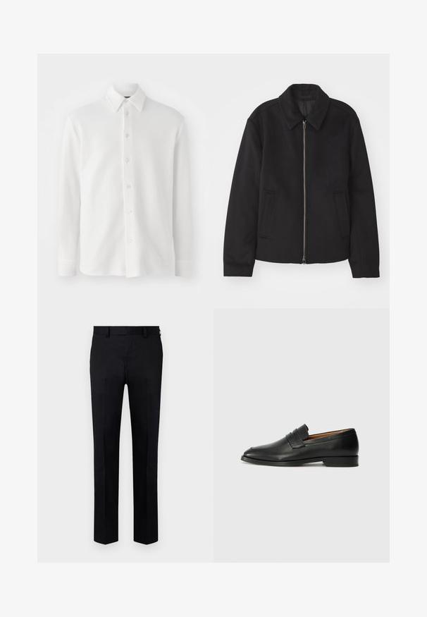 Juodas švarkas su užtrauktuku, pritaikyta forma, apvaliu apykakle ir kišenėmis su plyšiu. Pagamintas iš lygios, tekstūruotos medžiagos.; Balta marškinių su ilgomis rankovėmis, pagaminta iš tekstūruotos medžiagos. Yra klasikinis apykaklė, šeši priekiniai mygtukai. Minkštas, lengvas dizainas.; Juodos kelnės, pagamintos iš lygios medžiagos, turinčios tiesaus kirpimo dizainą, priekines raukšles ir diržui skirtas kilpas juosmens srityje. Be matomų raštų ar akcentų.; Juodas odinis loaferis su apvaliu nosiu, subtiliomis siuvimo detalėmis ir žemu kulnu, pasižymintis lygia tekstūra ir minimalistiniu dizainu.