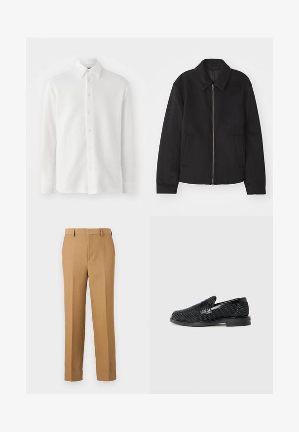 Fekete dzseki cipzárral, testreszabott dizájnnal, kerek nyakkal és zsebekkel. Sima, texturált anyagból készült.; Fehér gombos ing, texturált anyagból készült. Klasszikus gallérral, hosszú ujjakkal és hatszoros elülső gombzárral rendelkezik. Puha, könnyű kialakítás.; Vékony, szőtt anyagból készült bézs szövetnadrág, amely egyenes szabású, sima elülső résszel és övpántokkal rendelkezik. Sima textúrával rendelkezik, látható minták nélkül.; Fekete szőtt slip-on cipő sima bőr díszítéssel a felsőrészen, kerek orral és alacsony profilos gumitalppal.