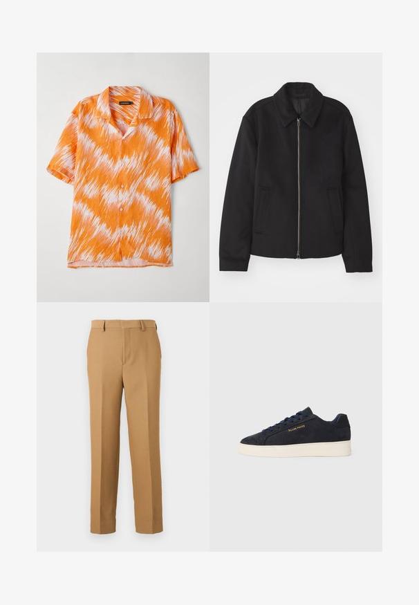 Must mustriga, mis on varustatud lukuga, kohandatud disaini, ümarate kaeluste ja lõhesalongidega taskudega. Valmistatud siledast, tekstuurilisest kangast.; Lühikeste varrukatega oranž ja valge särk, millel on siksak-muster, krae ja nööpidega esikinnitus. Kerge, tekstureeritud kangas.; Beige dressipüksid, mis on valmistatud kootud kangast, sirge lõikega, lapikud ees ja vöökohaga silmad. Sujuv tekstuur, ilma nähtavate mustriteta.; Tumedat sinine seemisnahast madala profiiliga tennis, valge tossutald, tumesinised paelad ning küljes kuldne "Filling Pieces" logo.