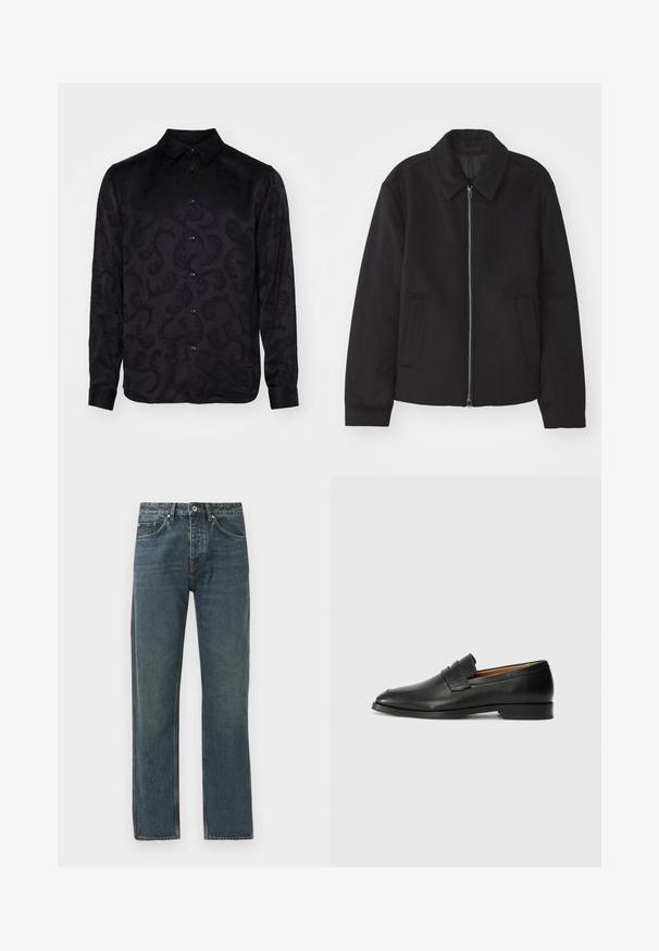 Zwarte jas met ritssluiting, op maat gemaakte ontwerp, ronde kraag en splitzakken. Gemaakt van een gladde, gestructureerde stof.; Zwarte lange mouwen shirt met een subtiele gestructureerde paisleyprint, voorzien van een puntige kraag en knoopsluiting aan de voorkant. Gladde stof.; Donkerblauwe denim jeans met een rechte pijp, voorzien van vijf zakken, een knoopsluiting en contrasterende stiksels.; Zwarte leren instapper met een ronde neus, subtiele stikdetails en een lage hak, met een gladde textuur en een minimalistisch ontwerp.