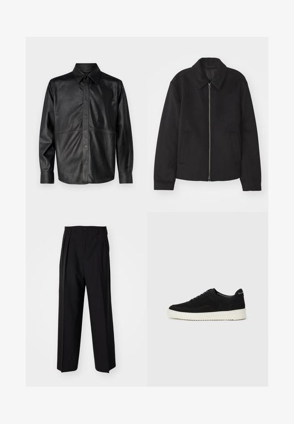 Musta takki vetoketjukiinnityksellä, muotoiltu design, pyöreä kaulus ja viilto-taskut. Valmistettu sileästä, tekstuuripinnoitteisesta kankaasta.; Mustan nahkapaidan takki, jossa on terävä kaulus, etupainike, pitkät hihat ja näkyvät ompeluyksityiskohdat. Sujuva pinta.; Mustat laskostetut housut, joissa on suora, leveä lahje. Valmistettu sileästä kankaasta, jossa on nappisuljenta ja vyölenkit.; Mustat mokkakengät nauhoilla ja kontrastivalkoisella kumipohjalla. Varustettu teksturoiduilla sivupaneeleilla ja huomaamattomalla brändäyksellä kantapäässä.