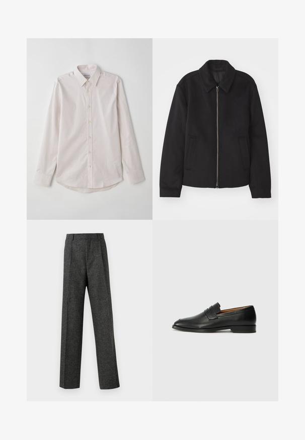 Giacca nera con chiusura con zip, design sartoriale, collo arrotondato e tasche a fessura. Realizzata in un tessuto morbido e texture.; Camicia button-up a maniche lunghe di colore rosa chiaro con colletto a punta, righe verticali e orlo arrotondato. Presenta bottoni beige e una texture morbida.; Pantaloni grigi su misura realizzati in tessuto strutturato, con due pieghe frontali e un design a gamba dritta. Nessuna tasca o decorazione visibile.; Mocassino in pelle nera con punta arrotondata, dettagli cuciti sottili e tacco basso, caratterizzato da una texture liscia e un design minimalista.