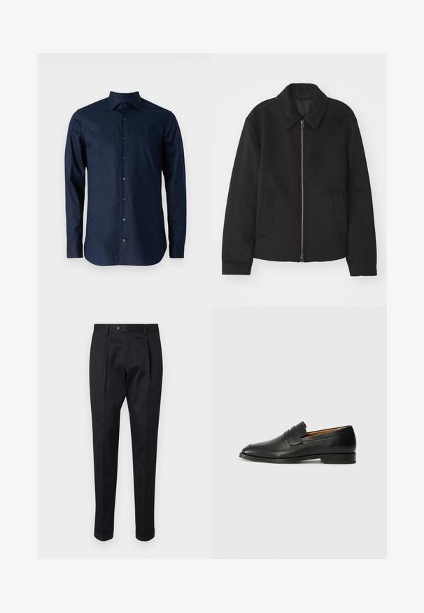 Černá bunda se zipovým uzávěrem, střižená designem, kulatým límcem a kapsami na bocích. Vyrobena z hladké, strukturované tkaniny.; Odstín námořnické modři, dlouhý rukáv košile z bavlny, s knopovým zapínáním, špičatým límcem a černými knoflíky na přední části.; Černé kalhoty z hladkého materiálu s pukem vpředu, zapínáním na knoflík a ohrnutými manžetami u kotníků.; Černé kožené mokasíny s kulatou špičkou, jemným prošíváním a nízkým podpatkem, s hladkým povrchem a minimalistickým designem.