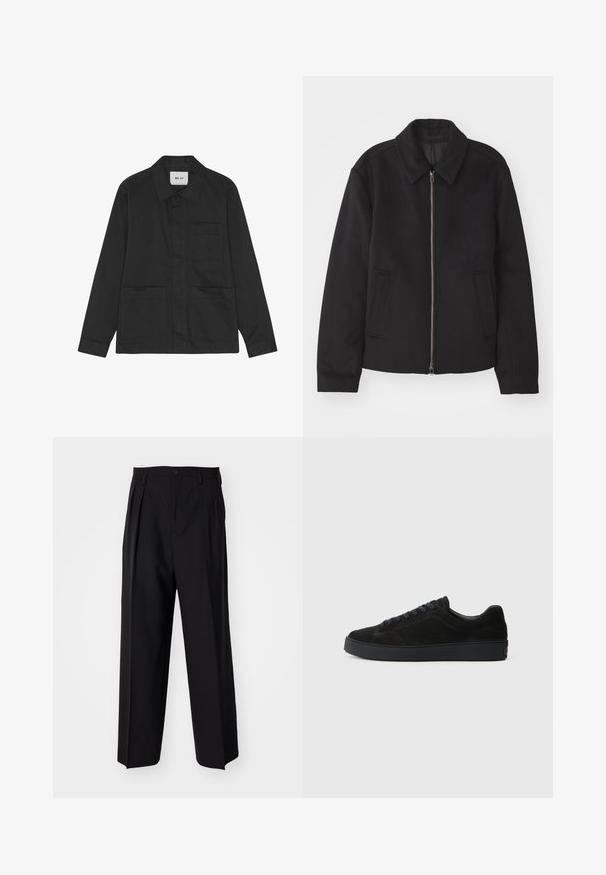 Sort jakke med lynlås, skræddersyet design, rund krave og slidser. Fremstillet af et glat, textureret stof.; Sort jakke med krave, frontlukning med knapper, to påsynede lommer og lange ærmer. Fremstillet af et glat stof.; Sorte plisserede bukser med et lige, bred ben-design. Fremstillet af glat stof, med en knaplukning og bæltesløjfer.; Sort semsket sneakers med en flad, tekstureret sål, rund tå, seks snørrehuller og et minimalistisk design.