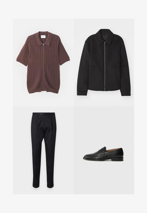 Czarna kurtka z zamkiem błyskawicznym, dopasowany krój, okrągły kołnierz i kieszenie cięte. Wykonana z gładkiego, teksturowanego materiału.; Krótki rękaw bordowa dzianinowa koszula z zamkiem błyskawicznym, z teksturowanym wzorem fal, otwartym kołnierzem oraz ściągaczami przy mankietach i dolnej krawędzi.; Czarne spodnie wykonane z gładkiego materiału, z zakładką z przodu, zapięciem na guzik i podwiniętymi mankietami na kostkach.; Czarne skórzane mokasyny z zaokrąglonym noskiem, subtelnymi przeszyciami i niskim obcasem, charakteryzujące się gładką teksturą i minimalistycznym designem.
