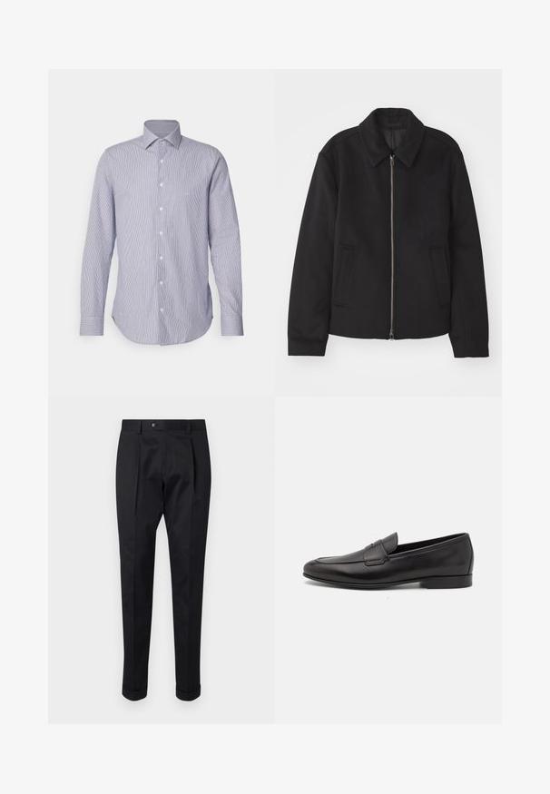 Crna jakna s patentnim zatvaračem, prilagođenog dizajna, zaobljenim kragnom i proreznim džepovima. Izrađena od glatkog, teksturiranog materijala.; Svijetloplava i bijela prugasta košulja dugih rukava s ovratnikom na dugme, prednjim dugmadi i zakrivljenim rubom. Mekana tekstura tkanine.; Crne hlače od glatkog materijala, s preklopom sprijeda, kopčanjem na gumb i smotanim manžetama na gležnju.; Crne kožne muške mokasine s niskom petom i klasičnim dizajnom trake za novčiće, prikazane u bočnom profilu na bijeloj pozadini.