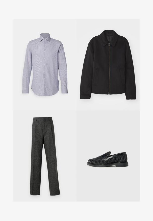 Must mustriga, mis on varustatud lukuga, kohandatud disaini, ümarate kaeluste ja lõhesalongidega taskudega. Valmistatud siledast, tekstuurilisest kangast.; Hele sinine ja valge triibuline pikkade varrukatega särk, millel on nööpidega kaelus, esitaskud ja kumer äär. Pehme kangast tekstuur.; Hallidehased hallid püksid tekstureeritud kangast, millel on kaks eesmist voldi ja sirge sääre disain. Pole nähtavaid taskuid ega kaunistusi.; Must musta kootud slip-on king, millel on pehme nahast accent ülaserval, ümmargune varvas ja madal profiiliga kummitald.