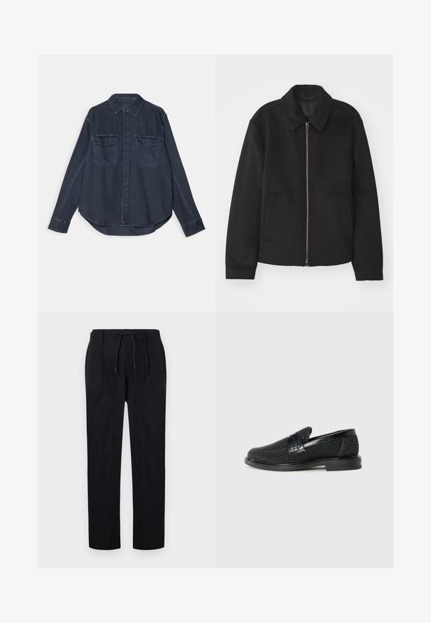 Black jacket with a zip closure, tailored design, a rounded collar, and slit pockets. Made from a smooth, textured fabric.; Dark blue denim shirt with a button-up front, pointed collar, two chest pockets, and long sleeves featuring buttoned cuffs.; Black trousers made of smooth fabric, featuring a drawstring waist, straight legs, and front pleats for a structured look.; Black woven slip-on shoe with a smooth leather accent on the upper, a round toe design, and a low-profile rubber sole.