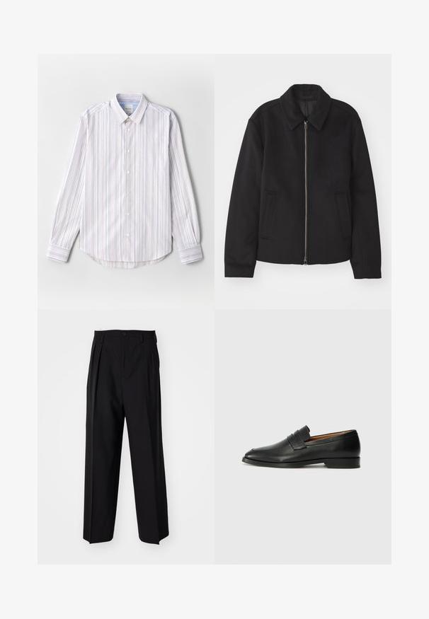 Casaco preto com fecho de correr, design ajustado, colarinho redondo e bolsos com fenda. Feito de um tecido liso e texturizado.; Camisa leve com botões e riscas verticais em branco, azul e vermelho. Possui colarinho clássico e mangas longas, com bainha arredondada.; Calças pretas plissadas com um design reto e de perna larga. Feitas de um tecido liso, apresentam um fecho de botão e passantes para cinto.; Sapatilha de couro preta com biqueira arredondada, detalhes cosidos discretos e um salto baixo, apresentando uma textura suave e um design minimalista.