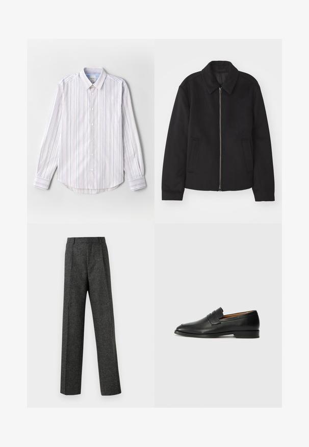Crna jakna s patentnim zatvaračem, prilagođenog dizajna, zaobljenim kragnom i proreznim džepovima. Izrađena od glatkog, teksturiranog materijala.; Lagani košulja na dugmad s vertikalnim prugama u bijeloj, plavoj i crvenoj boji. Ima klasičan ovratnik i dugačke rukave, zaobljeni donji rub.; Sive prilagođene hlače od teksturiranog materijala, s dva prednja nabora i ravnim krojem. Nema vidljivih džepova ili ukrasa.; Crni kožni loafer s okruglim vrhom, suptilnim šavovima i niskim petama, s glatkom teksturom i minimalističkim dizajnom.