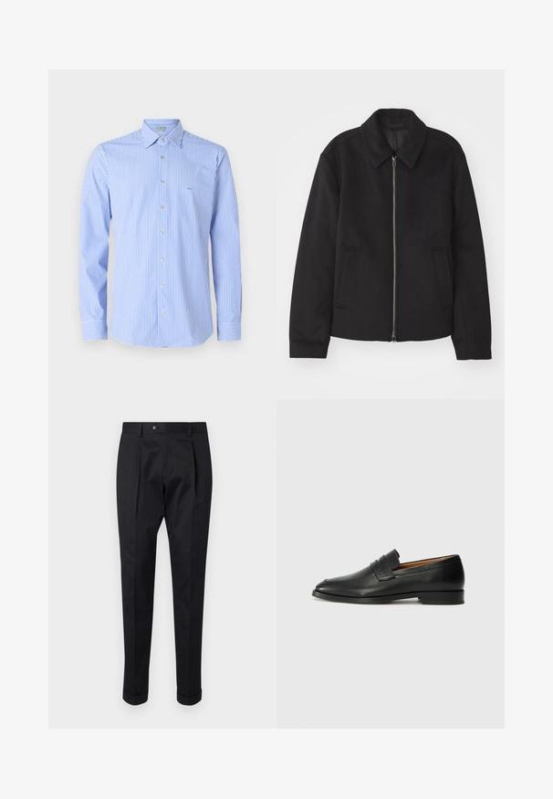 Schwarze Jacke mit Reißverschluss, tailliertem Schnitt, rundem Kragen und Schlitztaschen. Hergestellt aus einem glatten, strukturierten Stoff.; Gestreiftes Hemd mit vertikalen hellblauen und weißen Streifen, Button-Down-Kragen, langen Ärmeln und kleinem Logo auf der Brust.; Schwarze Hosen aus einem glatten Stoff, mit einem Faltenwurf vorne, einem Knopfverschluss und umgeschlagenen Säumen am Knöchel.; Schwarze Leder-Slipper mit runder Zehenform, dezenten gestickten Details und niedrigem Absatz, ausgestattet mit glatter Textur und minimalistischem Design.