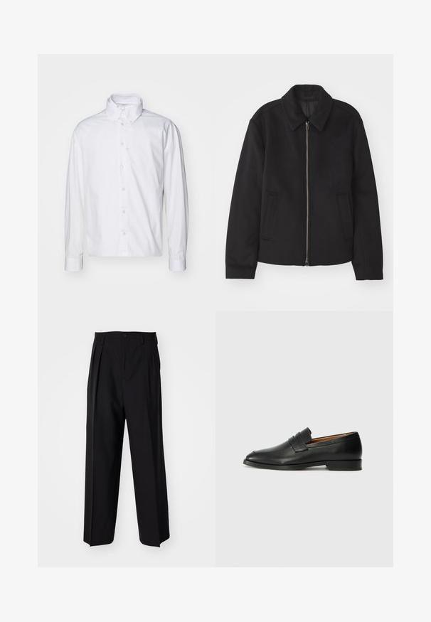 Černá bunda se zipovým uzávěrem, střižená designem, kulatým límcem a kapsami na bocích. Vyrobena z hladké, strukturované tkaniny.; Bílá dlouhá košile s knoflíky vyrobená z bavlny. Má klasický límec, přední zapínání na knoflíky a ohrnuté manžety s hladkým povrchem.; Černé skládací kalhoty s rovnými, širokými nohavicemi. Vyrobené z hladké tkaniny, se zapínáním na knoflík a poutky na opasek.; Černé kožené mokasíny s kulatou špičkou, jemným prošíváním a nízkým podpatkem, s hladkým povrchem a minimalistickým designem.