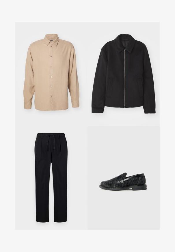 Czarna kurtka z zamkiem błyskawicznym, dopasowany krój, okrągły kołnierz i kieszenie cięte. Wykonana z gładkiego, teksturowanego materiału.; Beżowa koszula z długim rękawem i kołnierzykiem zapinanym na guziki. Wykonana z miękkiego materiału, posiada przednią listwę guzikową oraz proste detale szycia.; Czarne spodnie wykonane z gładkiego materiału, z elastycznym paskiem w talii, prostymi nogawkami oraz plisami z przodu, co nadaje im strukturalny wygląd.; Czarny, pleciony but wsuwany z gładkim skórzanym akcentem na cholewce, o okrągłym nosku i niskoprofilowej gumowej podeszwie.