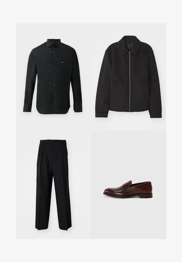 Fekete dzseki cipzárral, testreszabott dizájnnal, kerek nyakkal és zsebekkel. Sima, texturált anyagból készült.; Fekete, hosszú ujjú ing sima anyagból, hegyes gallérral, gombos pánttal, és egy kis fehér logóval a bal mellen.; Fekete, pliszírozott nadrág, egyenes, széles lábakkal. Sima anyagból készült, gombos záródással és övhurkokkal rendelkezik.; Barna bőr loaferek lekerekített orral, elülső pánt részlettel és alacsony, stílusos sarokkal. Sima textúra minimális díszítéssel.