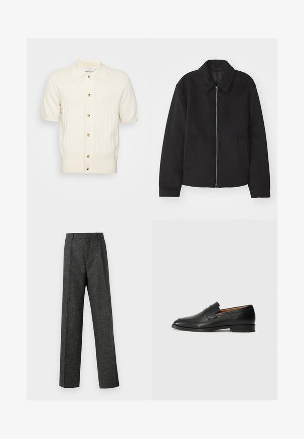 Juodas švarkas su užtrauktuku, pritaikyta forma, apvaliu apykakle ir kišenėmis su plyšiu. Pagamintas iš lygios, tekstūruotos medžiagos.; Šortinio rankovių kreminio spalvos cardigan'o, pasižyminčio reliefiniu tekstūru, penkių mygtukų užsegimu ir smailiu apykaklė. Medžiaga atrodo minkšta ir glotni.; Pilki pritaikyti kelnių modeliai, pagaminti iš tekstūruotos medžiagos, su dviem priekiniais klostėmis ir tiesiogine kojų forma. Nėra matomų kišenių ar puošybų.; Juodas odinis loaferis su apvaliu nosiu, subtiliomis siuvimo detalėmis ir žemu kulnu, pasižymintis lygia tekstūra ir minimalistiniu dizainu.