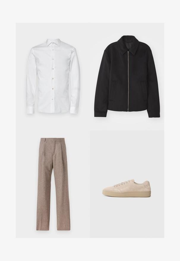 Chaqueta negra con cierre de cremallera, diseño ajustado, cuello redondeado y bolsillos con abertura. Fabricada en un tejido suave y texturizado.; Camisa de algodón blanca de manga larga con cuello clásico, tapeta de botones en la parte delantera y puños con botón. Textura suave y corte entallado.; Pantalones marrones de cintura alta hechos de una tela texturizada. Presentan piernas anchas y dos pliegues frontales para dar estructura. Acabado limpio sin hardware visible.; Zapatilla de ante beige con punta redondeada, cordones planos y suela de goma texturizada. Diseño minimalista con bordes suaves y costuras sutiles.