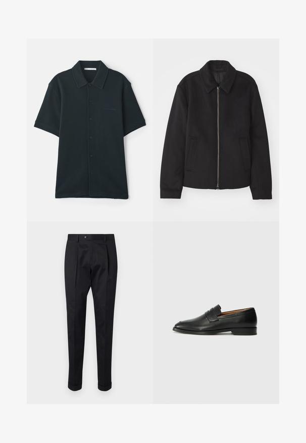 Čierna bunda so zipsom, upravený strih, okrúhly golier a bočné vrecká. Vyrobená z hladkej, textúrovanej látky.; Tmavozelená, krátkospelová košeľa na gombíky z textúrovanej látky s golierom a jemným logom na ľavej strane.; Čierne nohavice vyrobené zo hladkej látky, s skladom vpredu, zapínaním na gombík a roľovanými manžetami na členkoch.; Čierne kožené mokasíny s okrúhlou špičkou, jemným prešitím a nízkym podpätkom, s hladkou textúrou a minimalistickým dizajnom.
