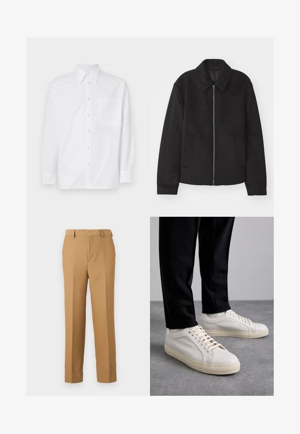 Casaco preto com fecho de correr, design ajustado, colarinho redondo e bolsos com fenda. Feito de um tecido liso e texturizado.; Camisa branca de mangas compridas feita de algodão. Possui um colarinho clássico, fecho frontal com botões e um único bolso no peito do lado esquerdo.; Calças de fato bege, feitas de um tecido entrelaçado, com corte straight, frente lisa e passantes para cinto. Textura suave sem padrões visíveis.; Tênis de couro bege claro com atacadores planos, uma superfície texturizada e uma sola de borracha creme contrastante, combinados com calças pretas ajustadas.