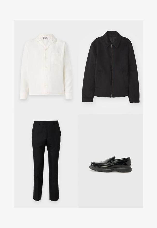 Veste noire avec fermeture éclair, design ajusté, col arrondi et poches fendue. Fabriquée dans un tissu lisse et texturé.; Chemise blanche à manches courtes en tissu léger. Dotée d'un col à pointes, d'une fermeture à boutons et d'une poche poitrine. Texture lisse, design décontracté.; Pantalons noirs ajustés avec une coupe slim, dotés de poches latérales et d'une texture lisse. Les bords sont finis avec un ourlet net.; Mocassin en cuir noir avec une finition brillante, bout arrondi, détails de couture subtils et semelle en caoutchouc épaisse pour la durabilité.