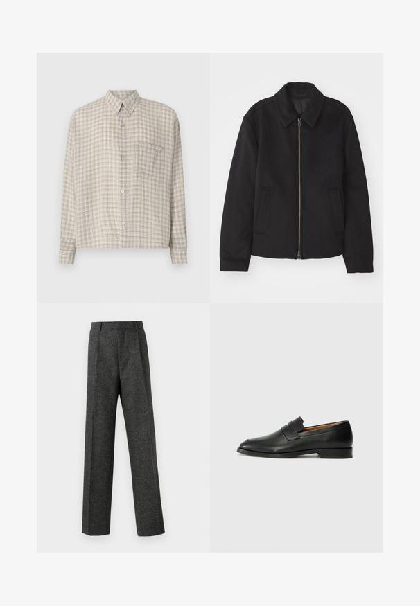 Zwarte jas met ritssluiting, op maat gemaakte ontwerp, ronde kraag en splitzakken. Gemaakt van een gladde, gestructureerde stof.; Won Hundred MAZA CHECK - Overhemd - white; Grijze op maat gemaakte broek van gestructureerde stof, met twee voorplooien en een rechte pijp. Geen zichtbare zakken of versieringen.; Zwarte leren instapper met een ronde neus, subtiele stikdetails en een lage hak, met een gladde textuur en een minimalistisch ontwerp.