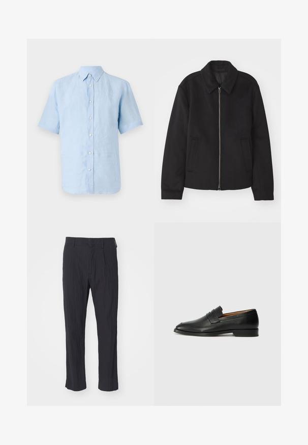 Črna jakna z zadrgo, prilagojena zasnova, okrogla ovratnica in žepi z rezi. Narejena iz gladke, teksturirane tkanine.; Tiger of Sweden SPENSER - Srajca - summer sky; Črne pliseerane hlače z teksturirano tkanino, ki imajo ravno nogo in standarden pas. Brez vidnih žepov ali dodatkov.; Črne usnjene loferice z zaobljenim prstom, subtilnim šivanjem in nizkim petam, ki se odlikujejo po gladki teksturi in minimalističnem oblikovanju.