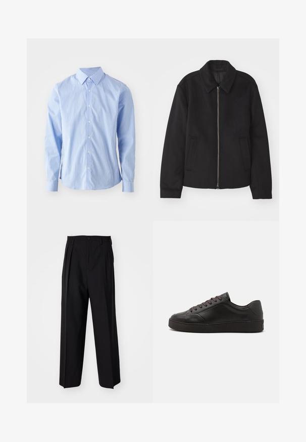 Melnā jaka ar rāvējslēdzēju, piegrieztas formas dizains, noapaļots apkakle un šķēluma kabatas. Izgatavota no gludas, teksturētas auduma.; sandro STRIPES SHIRT - Krekls - ciel; Melnas plisētās bikses ar taisnu, plata kāja dizainu. Izgatavotas no gludas auduma, ar pogu aizdari un jostas cilpiņām.; Melnas ādas kedas ar noapaļotu purngalu, teksturētu virsmu, brūnām auklām un biezām melnām gumijas zolēm. Minimalistisks dizains, nav redzamu logo.