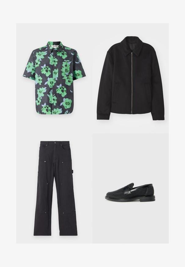 Jachetă neagră cu închidere prin fermoar, design ajustat, guler rotund și buzunare cu fanta. Fabricată dintr-un material neted, texturat.; Cămașă cu mâneci scurte din material închis la culoare, cu un imprimeu floral mare în nuanțe de verde și albastru deschis. Include un buzunar pe piept cu clapetă.; Pantaloni cargo negri, realizați dintr-un material durabil, cu un design pe picior drept, având buzunare frontale, capse și buzunare laterale pentru unelte.; Pantofii negri din material textil, cu accent din piele netedă pe partea superioară, design cu vârf rotund și talpă din cauciuc de profil redus.