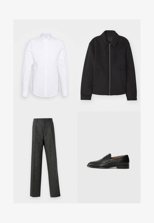 Crna jakna s patentnim zatvaračem, prilagođenog dizajna, zaobljenim kragnom i proreznim džepovima. Izrađena od glatkog, teksturiranog materijala.; Bijela košulja dugih rukava s gumbima, koja ima šiljastu kragnu i suptilnu teksturu, sa sedam gumba sprijeda i zaobljenim rubom.; Sive prilagođene hlače od teksturiranog materijala, s dva prednja nabora i ravnim krojem. Nema vidljivih džepova ili ukrasa.; Crni kožni loafer s okruglim vrhom, suptilnim šavovima i niskim petama, s glatkom teksturom i minimalističkim dizajnom.