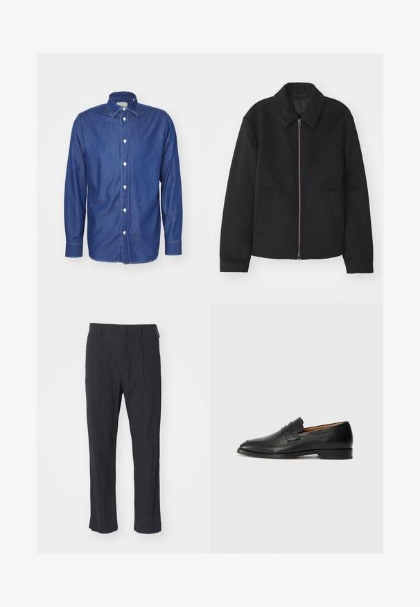 Zwarte jas met ritssluiting, op maat gemaakte ontwerp, ronde kraag en splitzakken. Gemaakt van een gladde, gestructureerde stof.; Donkerblauwe denim overhemd met lange mouwen, knoopsluiting met witte knopen, klassieke kraag en zichtbare stikselaccenten op de naden.; Zwarte geplooide broek van textuurstof, met een recht model en een standaard tailleband. Geen zichtbare zakken of hardware.; Zwarte leren instapper met een ronde neus, subtiele stikdetails en een lage hak, met een gladde textuur en een minimalistisch ontwerp.