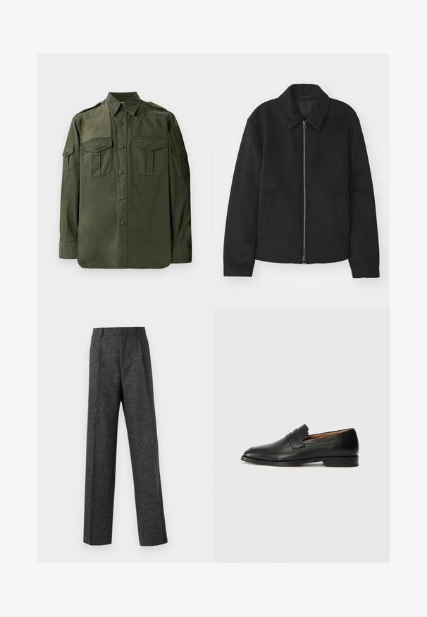 Musta takki vetoketjukiinnityksellä, muotoiltu design, pyöreä kaulus ja viilto-taskut. Valmistettu sileästä, tekstuuripinnoitteisesta kankaasta.; Oliivinvihreä, pitkähihainen puuvillapaita. Varustettu napitettavalla etuosalla, kahdella rintataskulla ja olkatoppauksilla. Sileä pinta.; Harmaat räätälöidyt housut, jotka on valmistettu teksturoidusta kankaasta, ja niissä on kaksi etutaskua ja suora lahjemuoto. Ei näkyviä taskuja tai koristeluja.; Musta nahkainen loafer, jossa on pyöreä kärki, hienovarainen ommelkoristelu ja matala korko, joka on varustettu sileällä pinnalla ja minimalistisella designilla.