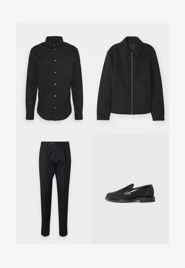Černá bunda se zipovým uzávěrem, střižená designem, kulatým límcem a kapsami na bocích. Vyrobena z hladké, strukturované tkaniny.; Černá košile na knoflíky s dlouhými rukávy, klasickým límcem a standardním střihem. Obsahuje jemné logo, hladkou texturu a kovové knoflíky.; Černé kalhoty z hladkého materiálu s pukem vpředu, zapínáním na knoflík a ohrnutými manžetami u kotníků.; Černé pletené nazouvací boty s hladkým koženým akcentem na svršku, kulatou špičkou a nízkoprofilovou gumovou podrážkou.