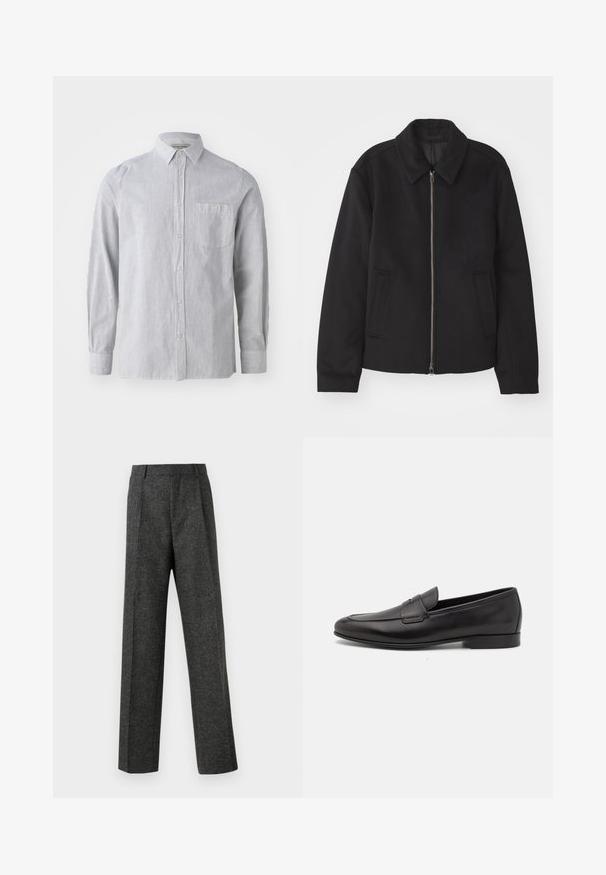 Black jacket with a zip closure, tailored design, a rounded collar, and slit pockets. Made from a smooth, textured fabric.; Striped button-up shirt in light gray and white, cotton fabric, long sleeves, single chest pocket, classic collar, straight hem.; Gray tailored trousers made of textured fabric, featuring two front pleats and a straight-leg design. No visible pockets or embellishments.; Black leather men's loafer with a low heel and a classic penny strap design, shown in side profile on a white background.