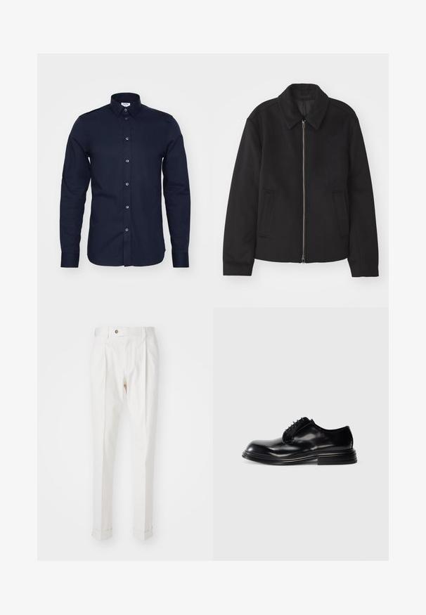 Giacca nera con chiusura con zip, design sartoriale, collo arrotondato e tasche a fessura. Realizzata in un tessuto morbido e texture.; Camicia a maniche lunghe blu navy in cotone con colletto button-down e bottoni frontali. Presenta una texture liscia e una vestibilità strutturata.; Pantaloni bianchi su misura con frontale liscio, due plissettature e risvolti. Realizzati in un tessuto morbido con chiusura a bottone in vita.; Scarpa da uomo in pelle nera con punta arrotondata, finitura liscia, design con allacciatura e tacco impilato. Stile minimalista senza loghi visibili.