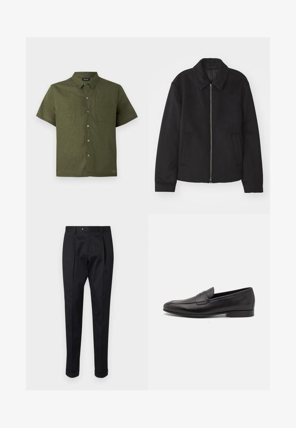 Schwarze Jacke mit Reißverschluss, tailliertem Schnitt, rundem Kragen und Schlitztaschen. Hergestellt aus einem glatten, strukturierten Stoff.; Kurzarmhemd in dunkelolivgrün, aus strukturiertem Stoff; hat eine Knopfleiste und eine einzelne Brusttasche.; Schwarze Hosen aus einem glatten Stoff, mit einem Faltenwurf vorne, einem Knopfverschluss und umgeschlagenen Säumen am Knöchel.; Schwarze Leder-Herrenloafer mit niedrigem Absatz und klassischem Penny-Riemen-Design, seitlich auf einem weißen Hintergrund dargestellt.