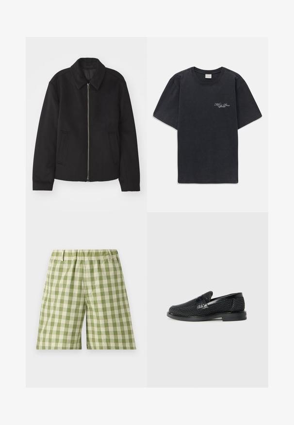 Čierna bunda so zipsom, upravený strih, okrúhly golier a bočné vrecká. Vyrobená z hladkej, textúrovanej látky.; Čierne tričko s krátkym rukávom a okrúhlym výstrihom s malým bielym textovým logom "Filling Pieces" na ľavej hrudi.; Zelené kockované šortky zo svetlého materiálu, s elastickým pásom a bočnými vreckami. Kockovaný vzor sa strieda medzi svetlozelenou a tmavozelenou.; Čierne tkané slip-on topánky s hladkým koženým akcentom na vrchnej časti, s okrúlym dizajnom špičky a nízkoprofilovou gumovou podrážkou.