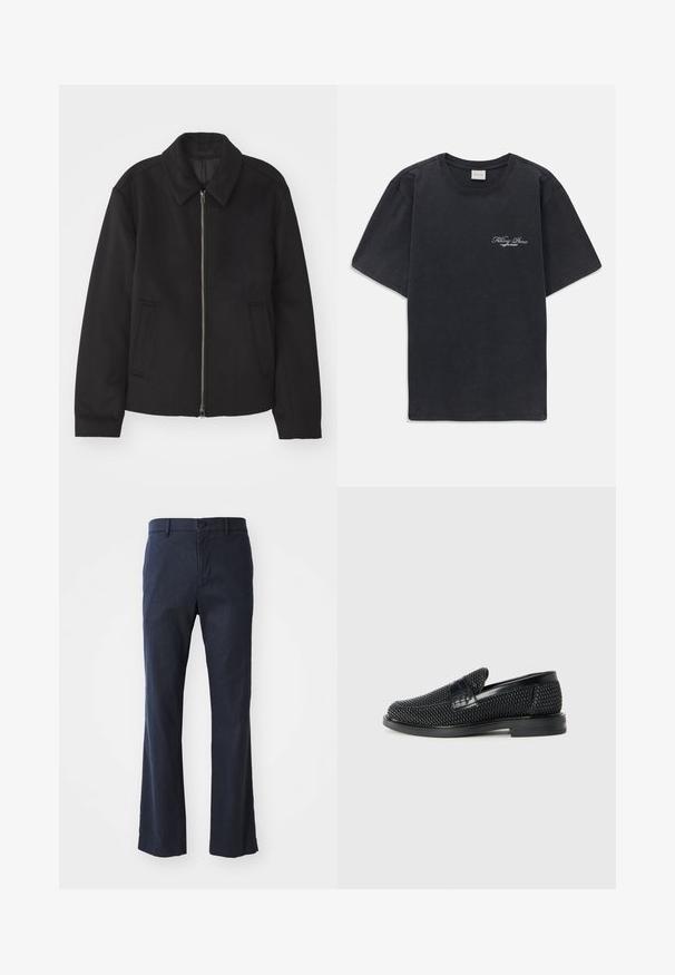 Melnā jaka ar rāvējslēdzēju, piegrieztas formas dizains, noapaļots apkakle un šķēluma kabatas. Izgatavota no gludas, teksturētas auduma.; Melna īsās piedurknes T-kreklā ar mazu balto "Filling Pieces" tekstu logotipu uz kreisā krūšu.; Jūras zilās platas bikses, izgatavotas no viegla audiem, ar vienu pogu aizdari un priekšējām kabatām, ar gludu tekstūru.; Melnas austas slaidu kurpes ar gludu ādas akcentu augšpusē, apaļas formas purngalu un zemas profila gumijas zoli.