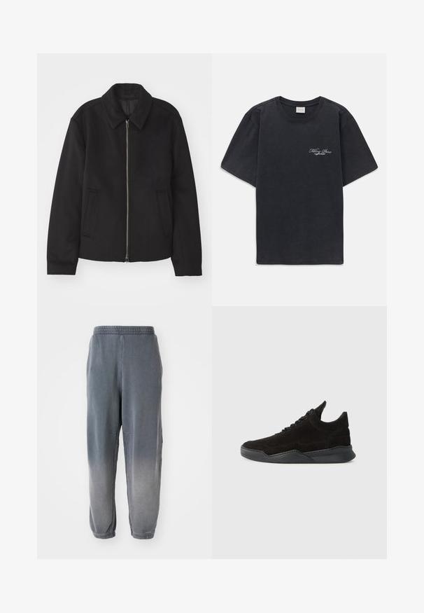 Schwarze Jacke mit Reißverschluss, tailliertem Schnitt, rundem Kragen und Schlitztaschen. Hergestellt aus einem glatten, strukturierten Stoff.; Schwarzes T-Shirt mit kurzen Ärmeln und Rundhalsausschnitt, mit kleinem weißen "Filling Pieces"-Textlogo auf der linken Brust.; Graue Jogginghose mit weicher Textur, schmal zulaufenden Knöcheln, Seitentaschen und einem subtilen Farbverlauf von dunkel zu hellerem Grau. Mit elastischem Bund oben.; Schwarze Wildleder-Sneaker mit niedrigem Profil, strukturiertem Obermaterial, flachen Schnürsenkeln und einer soliden Gummisohle mit leichtem Absatz und geschwungenem Design.