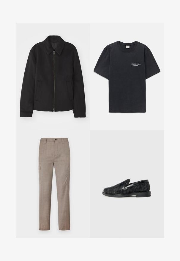 Černá bunda se zipovým uzávěrem, střižená designem, kulatým límcem a kapsami na bocích. Vyrobena z hladké, strukturované tkaniny.; Černé tričko s krátkým rukávem a kulatým výstřihem s malým bílým logem "Filling Pieces" na levé hrudi.; Světle hnědé cargo kalhoty s texturovanou tkaninou, obsahující boční kapsy a rovný střih nohavic. Zapínání na přední knoflík a zip.; Černé pletené nazouvací boty s hladkým koženým akcentem na svršku, kulatou špičkou a nízkoprofilovou gumovou podrážkou.