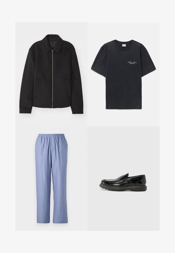 Casaco preto com fecho de correr, design ajustado, colarinho redondo e bolsos com fenda. Feito de um tecido liso e texturizado.; T-shirt preta de manga curta, com decote redondo e pequeno logótipo branco "Filling Pieces" no lado esquerdo do peito.; Calças azul claro, de corte solto, com um cós elástico, dois bolsos laterais e pernas retas. Feitas em tecido macio com uma textura suave.; Mocassim de couro preto com acabamento brilhante, bico arredondado, detalhes de costura subtil e sola de borracha espessa para durabilidade.