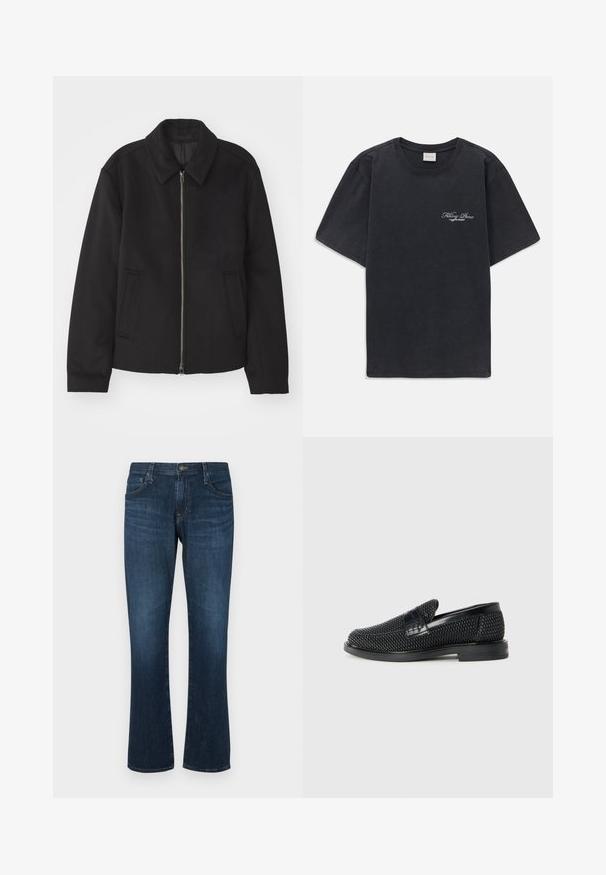 Juodas švarkas su užtrauktuku, pritaikyta forma, apvaliu apykakle ir kišenėmis su plyšiu. Pagamintas iš lygios, tekstūruotos medžiagos.; Juodas trumpomis rankovėmis, apvaliu kaklu marškinėliai su mažu baltu "Filling Pieces" tekstiniu logotipu kairiajame krūtinės kampe.; Tamsiai mėlyni džinsai su tiesia kojų šukuosena, penkiomis kišenėmis ir metaliniu užsegimu. Lygus paviršius su nežymiais blukimo ženklais.; Juodas pintas slip-on tipo batelis su lygiu odiniu akcentu viršuje, apvalios nosies dizainas ir žemas guminis padas.